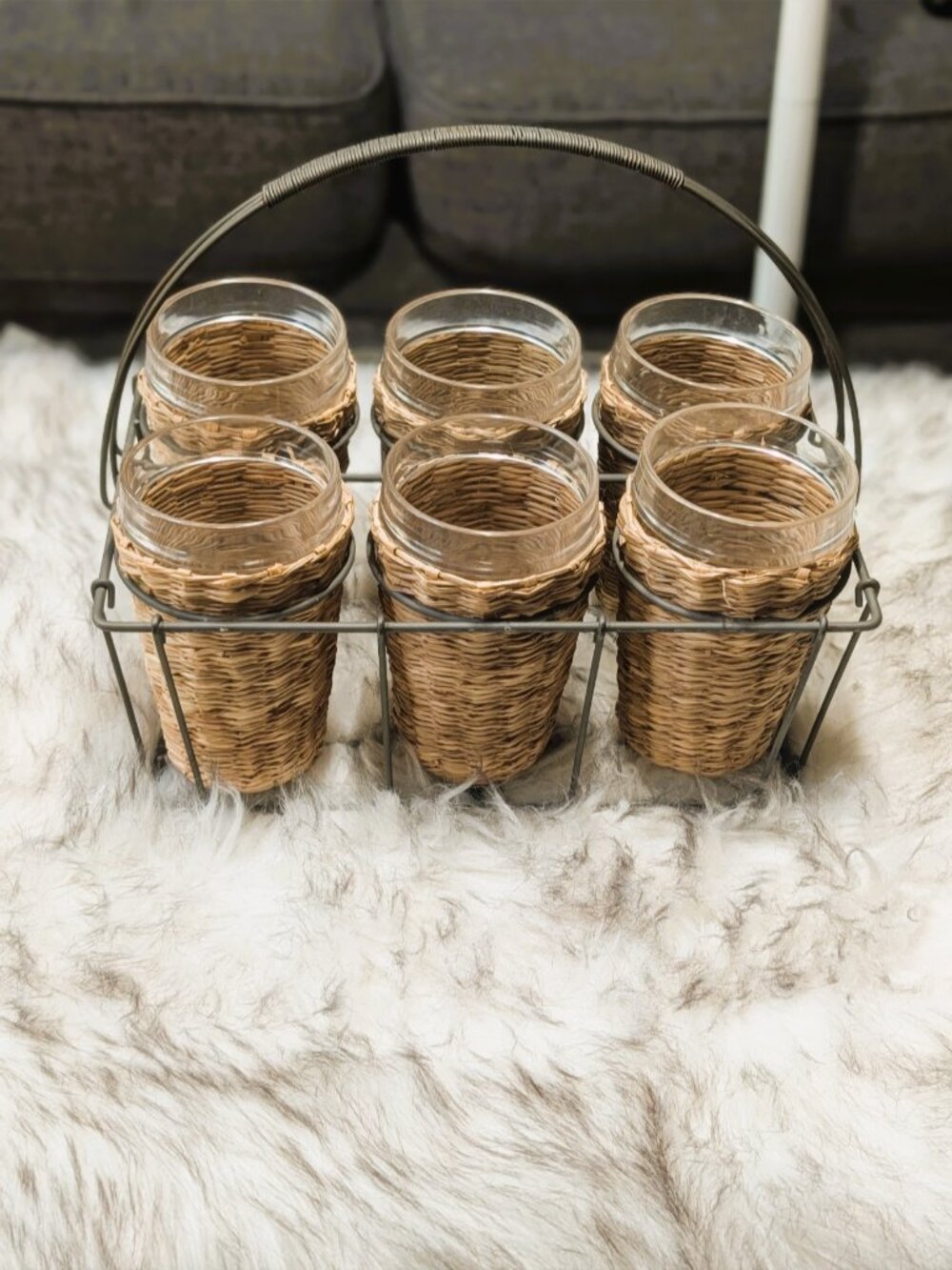 Wire Caddy Six Plastic Cups Wrapped in Woven Rattan Cottagecore Entertain